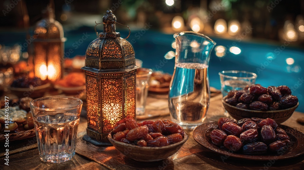 Fototapeta premium Dates and lantern on a table with water glasses warm lighting