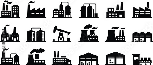 Collection of black industrial factory and plant icons on white background industry manufacturing