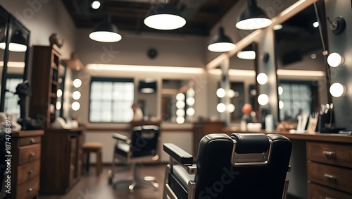 razor. Professional barber studio interior with chair and tools in soft focus. lifestyle magazines, social media lookbooks, designed for lifestyle magazines and social media content.