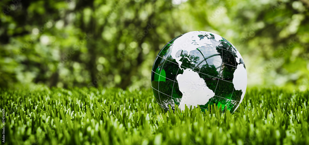 Obraz premium Green Earth Globe on Grass, ESG Sustainability, Environment Concept, 3D Rendering