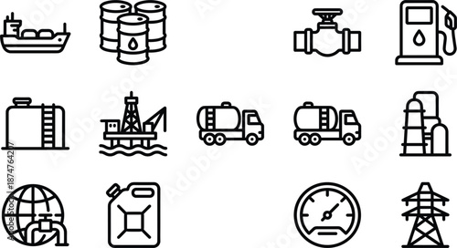 Collection of oil and gas industry icons in black and white line art style Keywords: oil, gas, industry, energy, fuel, petroleum