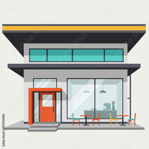 Isometric view of a modern minimalist cafe or coffee shop building with outdoor seating, a flat design illustration representing small business architecture