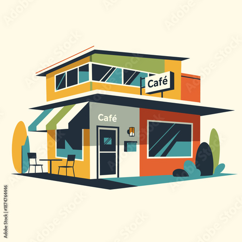 Vibrant isometric illustration of a modern cafe building with outdoor seating, showcasing a contemporary architectural design in a charming urban setting with a welcoming atmosphere