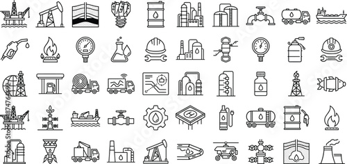 Diverse set of oil, gas, and energy industry line art icons Keywords: oil, gas, industry, energy, production, refinery, drilling