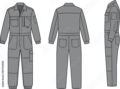 Grey Work Jumpsuit with Cargo Pockets Displayed in Multiple Views overalls workwear