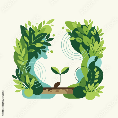 Green leaves and sprout forming abstract lungs on light background