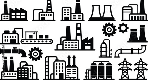 Industrial Factory and Manufacturing Icons in Black Silhouette Keywords: factory, industry, manufacturing, production, power