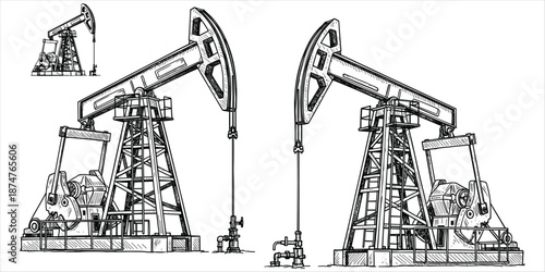 Two Detailed Hand Drawn Oil Pump Jacks On White Background Keywords: oil pump jack, pumpjack, oil rig, oil extraction, petroleum