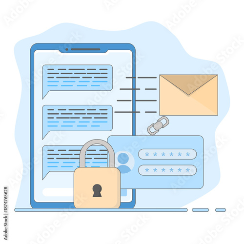 Message notification concept, with phone icon, message bubble and bell on blue background