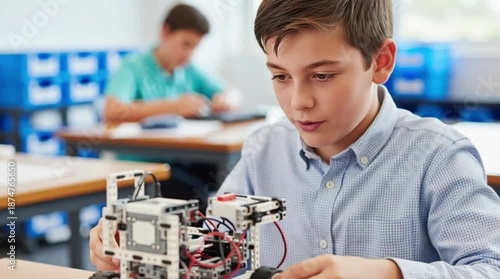 Wallpaper Mural Student Engaged in Robotics Project, Classroom Setting, Educational Content, Focused Environment, Close-Up View, Learning Concept Torontodigital.ca