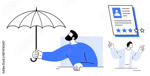 Man extending umbrella as shield, profile review document with star ratings and pointing hands. Ideal for protection, support, security, review, personal branding, trust evaluation. Simple flat