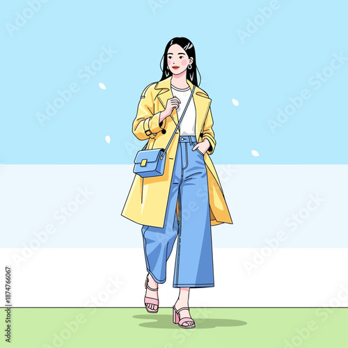 Young woman in yellow trench coat walking with blue crossbody bag