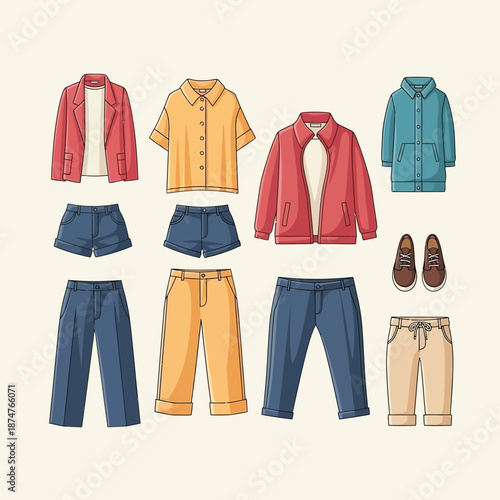 Casual Outfit Collection: Jackets, Shirts, Shorts, Pants, and Shoes Flat Lay