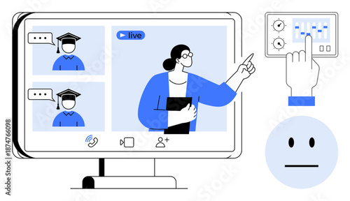 Online education, virtual communication, e-learning tools, webinar management, teamwork, training. A video conference with participants and moderator, plus control panel. Online education and virtual