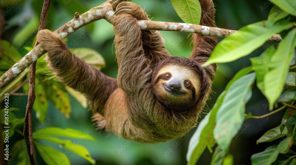 Fototapeta premium Sloth Hanging in Green Jungle Tree Surrounded by Lush Leaves and Bright Natural Light