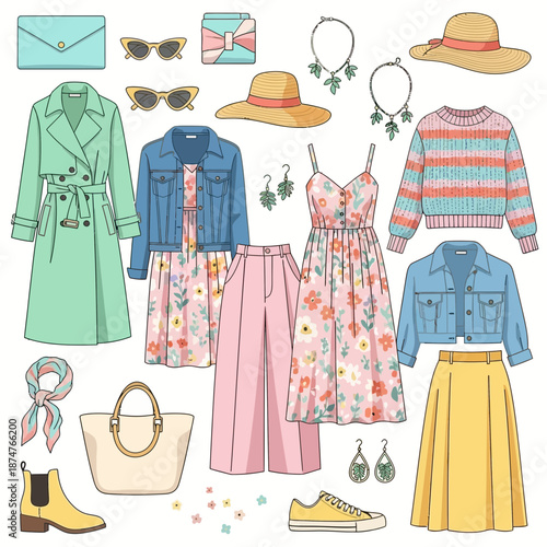 Fashion flat lay: spring summer women's clothing and accessories