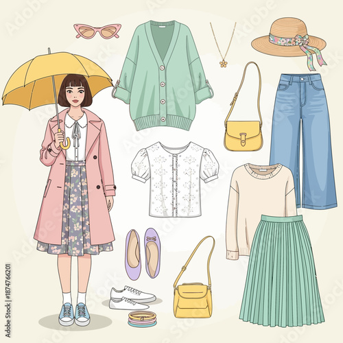 Fashion Flat Lay: Spring Outfit Collection with Umbrella and Accessories