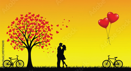 A romantic silhouette of couple under heart tree with balloons and bicycles against sunset sky.