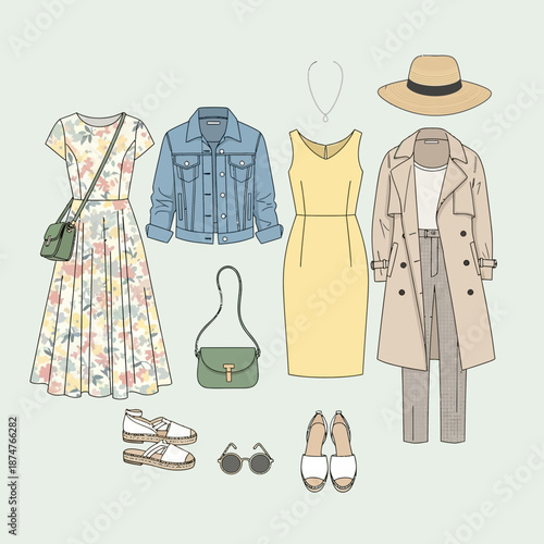 Flat lay of women's spring fashion outfits and accessories