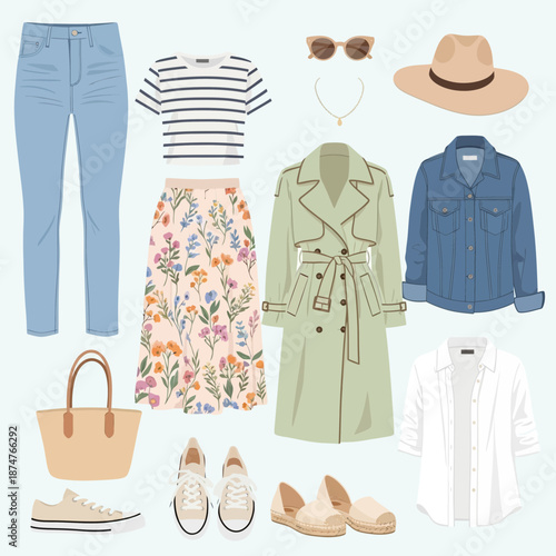 Flat lay outfit, casual summer style, pastel colors, women's clothing collection