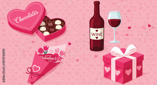 Valentines day gifts chocolate box, wine bottle, wine glass, flower bouquet, and gift box on pink background.