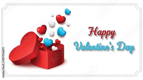 Happy valentines day greeting card design with red heart shaped gift box overflowing with red, white, and blue hearts isolated on white background.