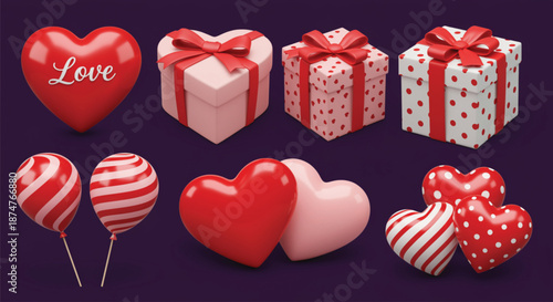 A collection of valentines day gifts and decorations red hearts, gift boxes, and striped balloons on a dark purple background.