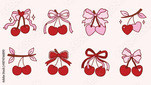 A set of eight charming illustrations featuring ripe red cherries adorned with various styles of pink ribbons and bows. Some designs incorporate heart shapes, set against a very light pink.