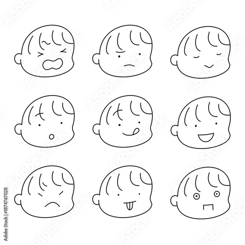 子どもの感情がわかるシンプルな顔表情の線画アイコンセット