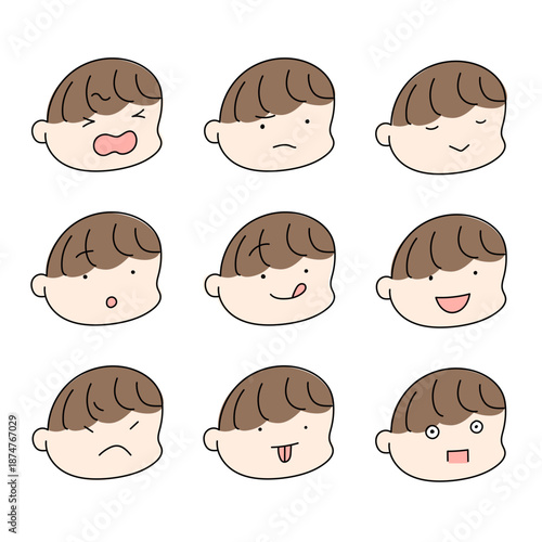 子どものさまざまな表情が並んだシンプルな顔アイコンイラストセット
