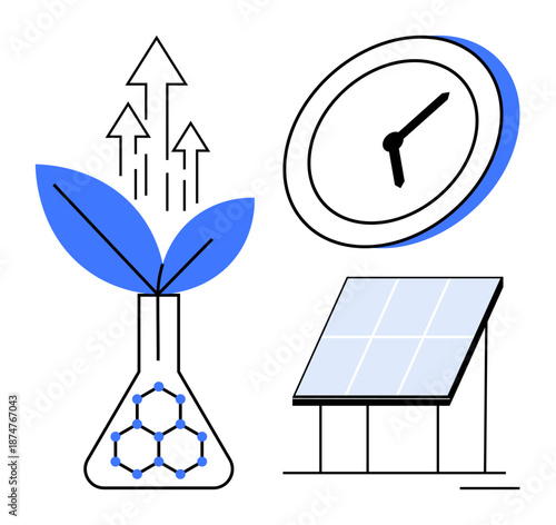 Renewable energy, sustainability, ecological innovation, time management, clean energy, science. A plant in a beaker, solar panel and clock. Renewable energy and sustainability concept