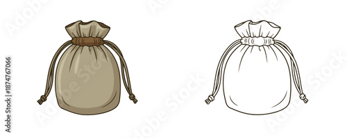 Drawn fabric drawstring pouch and its black line art outline in olive brown and white colors used for storage of jewelry or small gifts isolated on white background