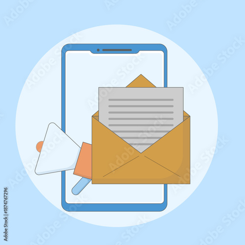 Illustration of broadcasting via email. The concept of using a mobile phone for broadcasting.