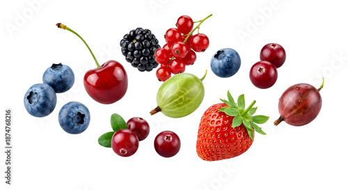 Vibrant assortment of fresh falling berries including blueberries, cranberries, strawberries, red currants, cherry, green and red gooseberries, and blackberry, showcasing healthy organic produce, isol