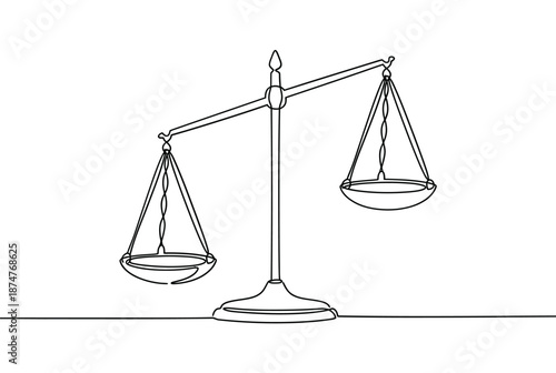 A continuous line drawing depicting a classic scale of justice