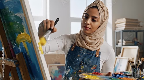 Female Artist Painting Canvas in Studio Creative Artwork.