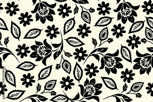 Seamless black floral pattern with hand drawn flowers and leaves on a warm cream background, vintage botanical style perfect for fabric, wallpaper, and decor.