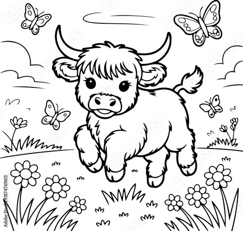 Highland Calf's Playful Frolic: A charming illustration depicts a highland calf merrily frolicking amidst a field of blooming flowers and fluttering butterflies.