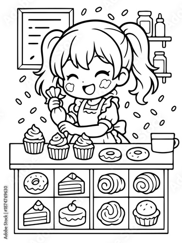 Sweet Treats and Joyful Creation: An illustration of a cheerful baker lovingly decorating cupcakes, surrounded by delectable pastries.