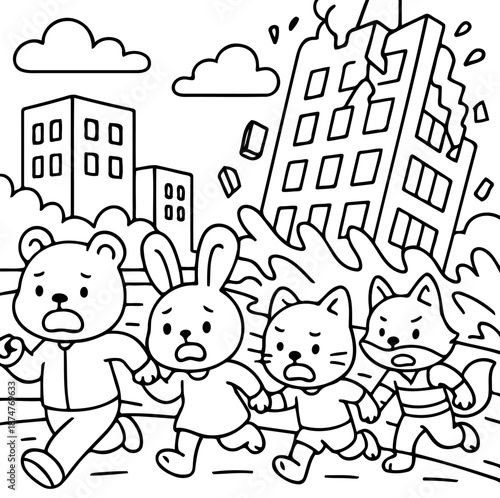 Animal Characters Running From Disaster: A cartoon illustration depicts a scene of panic as four animal characters flee a collapsing building amid an earthquake.