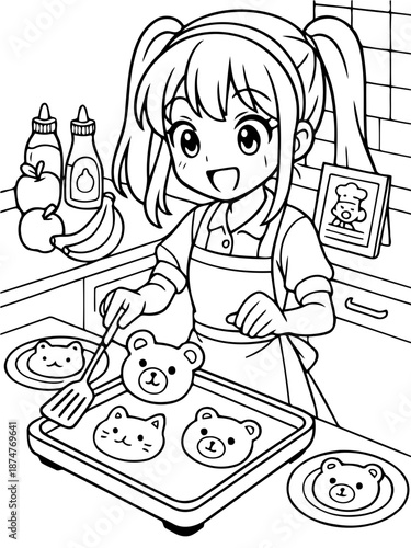 Culinary Creations: A cheerful girl is focused on preparing adorable bear and cat-shaped pancakes, a testament to her culinary skills and joy in the kitchen. 