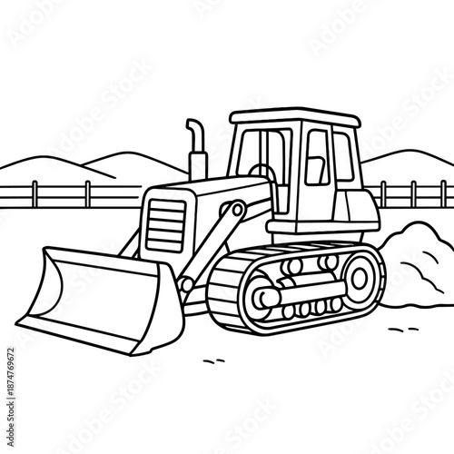 Construction Site Blueprint: A detailed outline of a robust bulldozer stands ready for action amidst an environment of building. It signifies the commencement of a new construction venture.