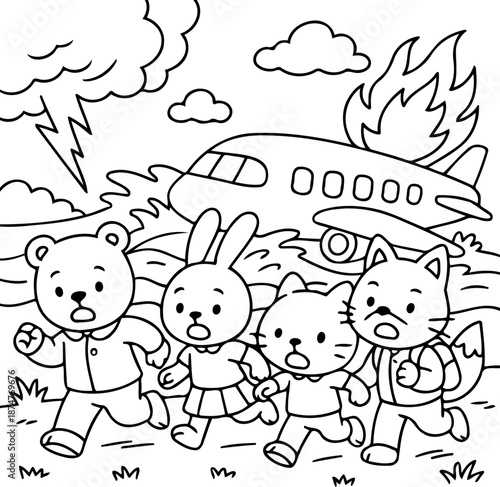 Evacuation of Frightened Friends: Four adorable animal friends, caught in a dramatic scene with a burning airplane, showing fear and urgency as they run from the disaster.