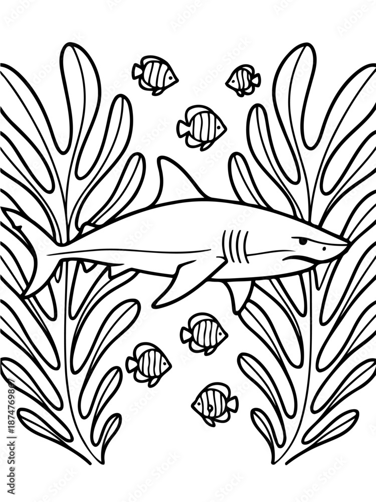Naklejka premium Oceanic Sentinel: A monochrome depiction of a majestic shark and a school of fish gracefully navigating a kelp forest