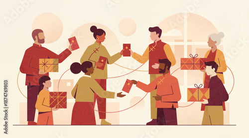 Festive Chinese New Year Gift Giving Celebration with Diverse Family