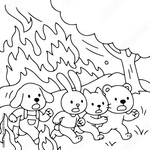 Fleeing Flames: A brave group of cartoon animals, filled with shock and fear, urgently escape a blazing fire that is rapidly consuming their forest habitat.