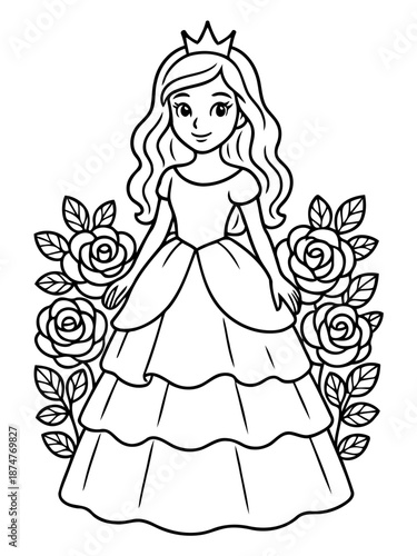 Princess and Roses: An enchanting princess stands gracefully amidst a backdrop of blossoming roses. This artwork whispers of fairy tales and youthful innocence.