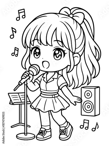 Vocal Harmony: a cartoon of a girl enthusiastically singing. Surrounded by musical notes. Expressing passion and performance.