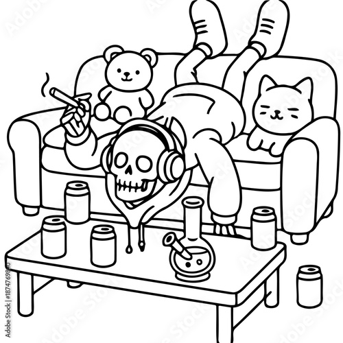 Resting skull: A cartoon illustration depicts a skull lying on a sofa, exuding a relaxed vibe with a cigarette and a bong on the table.