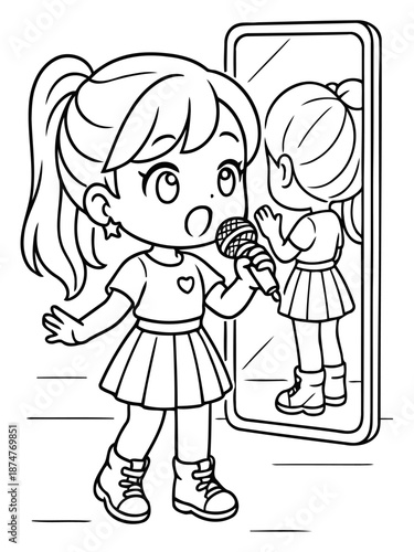  Aspiring Singer: A young girl, full of dreams, stands before a mirror, passionately singing into a microphone, embodying youthful energy and aspirations.